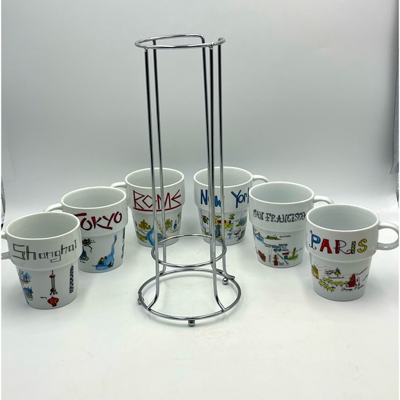 7pc World Market Stackable Mugs New York Rome Tokyo Paris Shanghai San Francisco - Picture 3 of 16